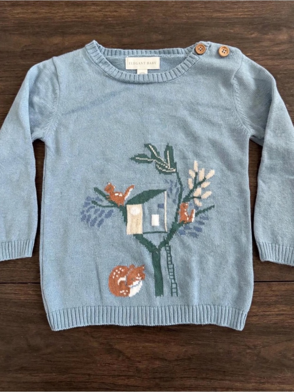 Girls' Light Blue Crewneck Sweater with Treehouse Motif